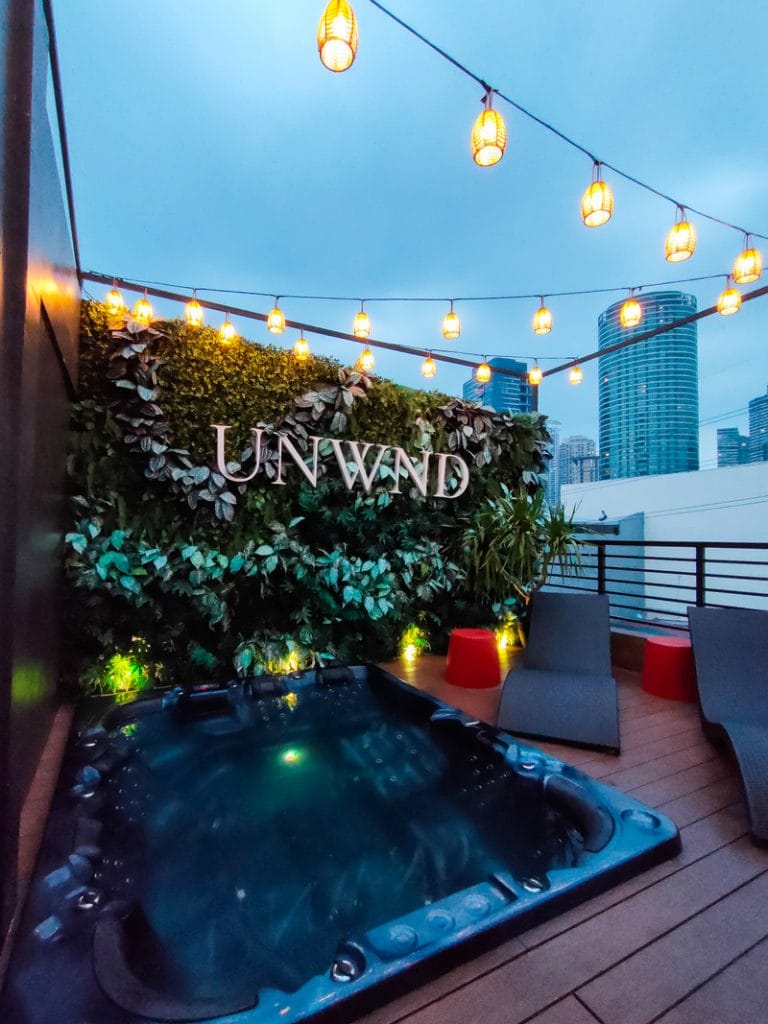 roof deck and jacuzzi at night