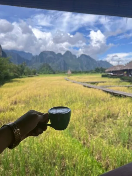 a resort and a cafe in the ricefields